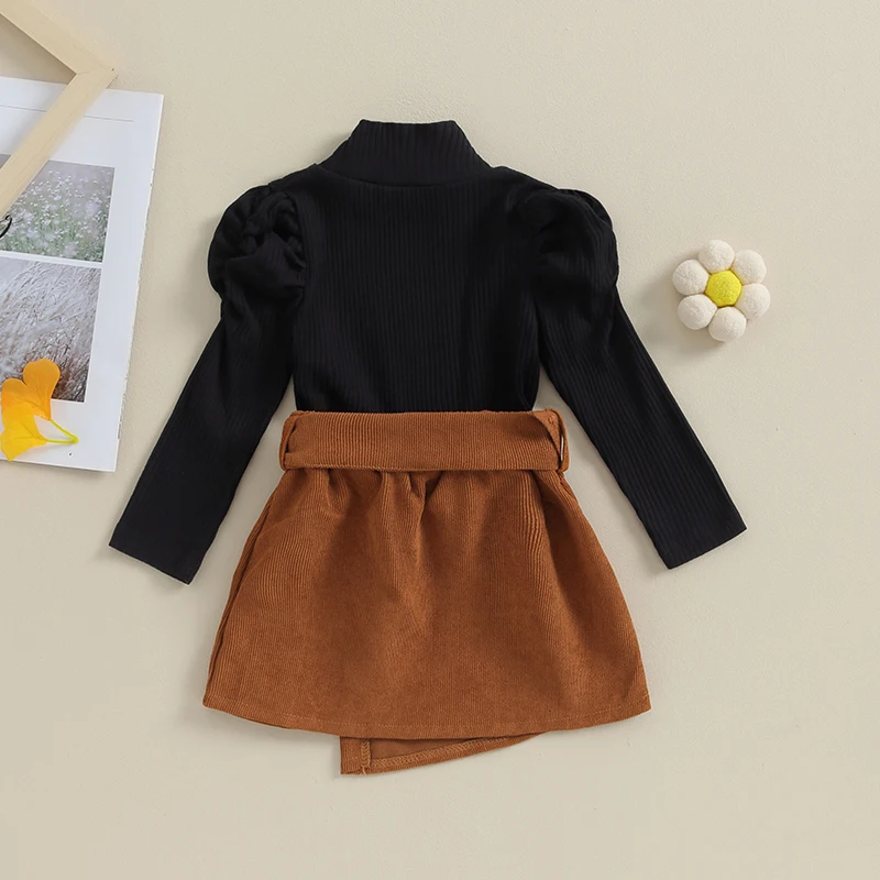 

KMBANGI Kids Toddler Baby Girl Skirt Set Puffy Long Sleeve Mock Neck Knitted Sweater Bow Irregular Dress Fall Winter Outfit