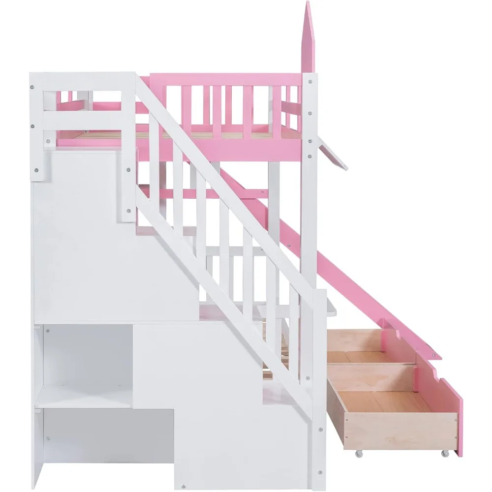 Harper & Bright Designs Twin Over Twin Bunk Bed with Stairs and Slide, Solid Wood Bunk Bed Frame with Storage Drawers and Booksh Harper & Bright Designs Twin Over Twin Bunk Bed with Stairs and Slide, Solid Wood Bunk Bed Frame with Storage Drawers and Booksh
