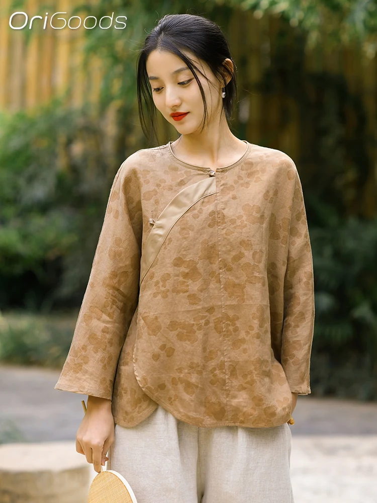 

OriGoods Linen 100% Blouse Women 2024 Spring Summer New Linen Shirt Chinese National style Elegant Print Blouse Tops Q074