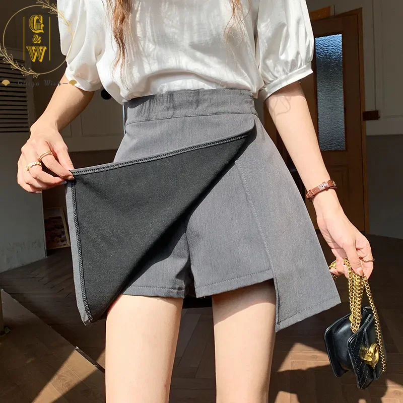 

2023 Short Skirt For Women Korean Chic Style High Waist Culotte Irregular Slit Design Mini Skirt With Safety Pants