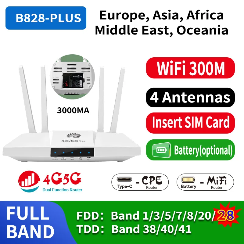 

4G LTE Router 300Mbps Wireless Routers WiFi Modem High Speed With Sim Card Slot LAN 4 External Antenna Built-in 3000mAh Batter