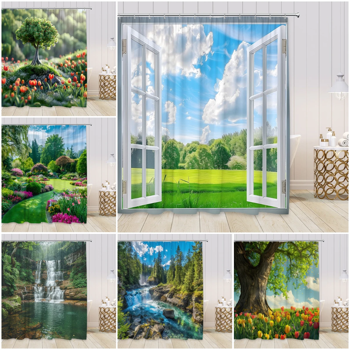 

Nature Landscape Shower Curtains Garden Lawn Scenery Waterfall Forest Polyester Bathroom Curtain Natural Home Decor for Bath