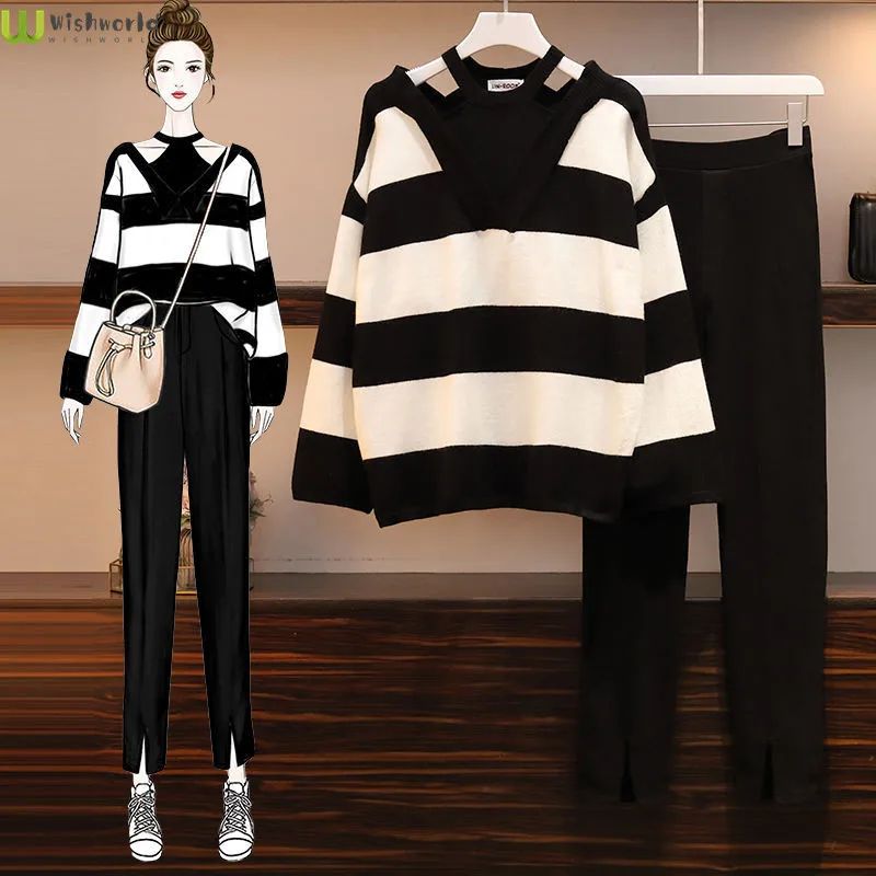 

2022 New Large Fashionable Spring and Autumn Suit Striped Knitted Sweater Slim Casual Pants Two-piece Women's Suit