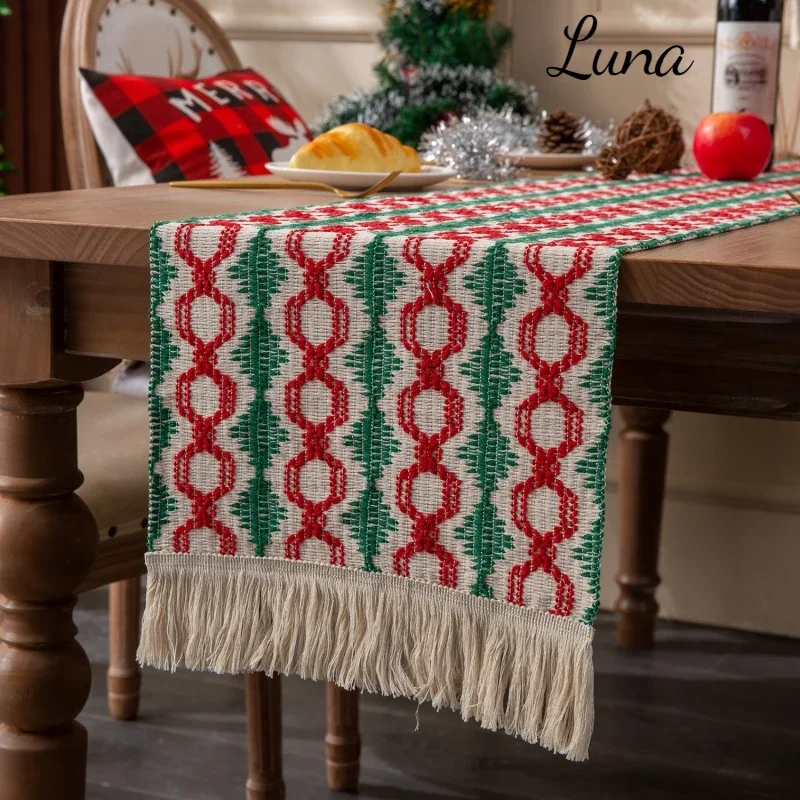 

Christmas Tow-color Splicing Table Runner Classical Row Beard Tassel Cover Cloth for TV American Plaid Woven Placemat Ins Style