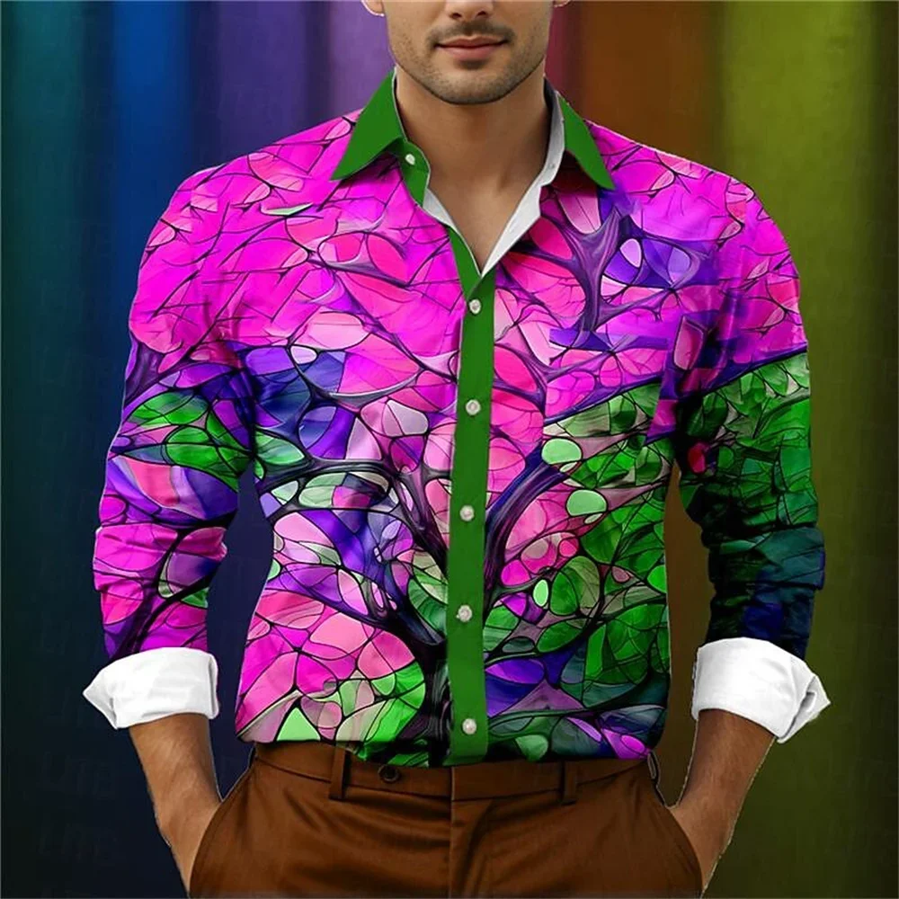 

2024 New Men's Splicing Tree 3D Printing Polo Collar Long sleeved Shirt Fashion Street Party Club Men's Design Clothing S-6XL