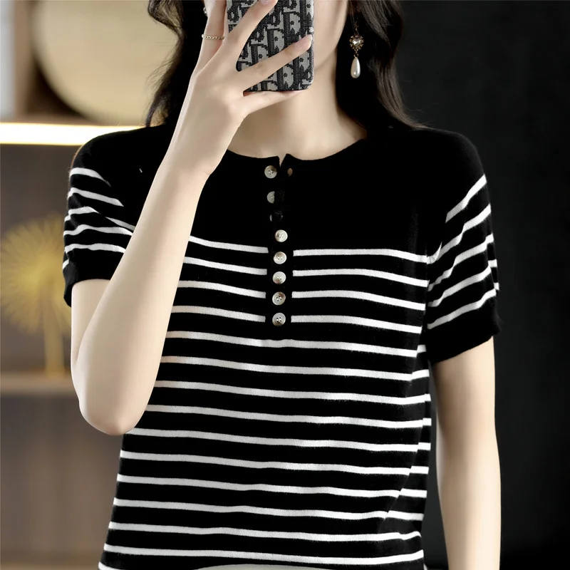 

Классическая Летняя тонкая футболка в черно-белую полоску с круглым вырезом и коротким рукавом, Женский трикотажный топ контрастной расцветки