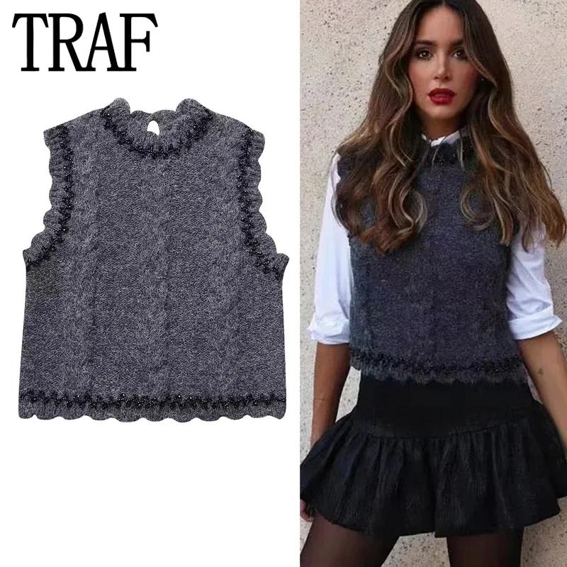 

TRAF 2023 Cropped Knit Vest Woman Beaded Knitted Short Sweaters Pullover Grey Sleeveless Vests For Women Autumn Jersey Vests