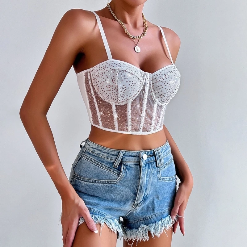 

Sheer Mesh Push Up Bustier Women's Boned Corset Bustier Crop Top Night Club Party Sexy Top Vest Fashion Camisole 066C