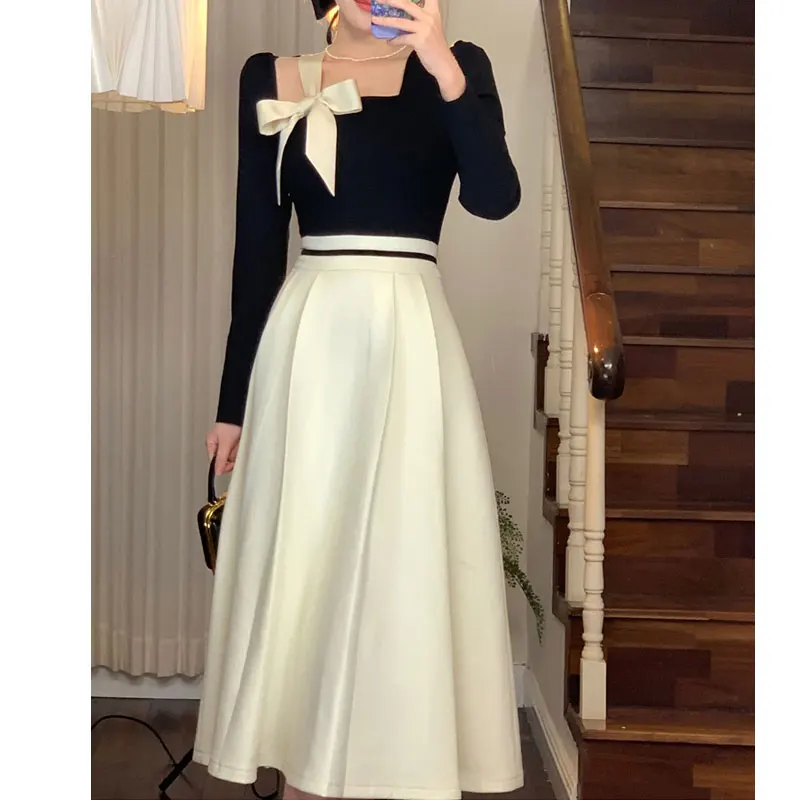 Hepburn Women Dresses 2024 Spring Korean Fashion Chic Square Collar Bow Long Sleeve Vestidos Patchwork Prom A Line Dress
Hepburn Women Dresses 2024 Spring Korean Fashion Chic Square Collar Bow Long Sleeve Vestidos Patchwork Prom A Line Dress