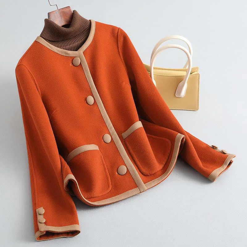 

Женское двухстороннее шерстяное пальто, повседневное короткое однобортное пальто с круглым вырезом, осень 2023