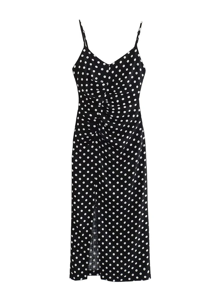 

Dot Printed Camisole Dress For Women Fashion V-neck Sleeveless Slit Flax Blends Spaghetti Strap Dresses Summer 2024 New XX356