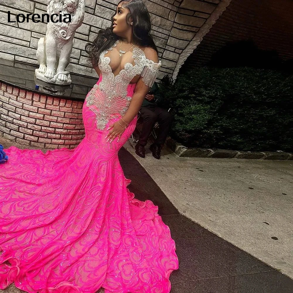 

Lorencia Sparkly Hot Pink Prom Dress For Black Girls Silver Beading Rhinestone Sequin Mermaid Party Gown Vestidos De Festa YPD54