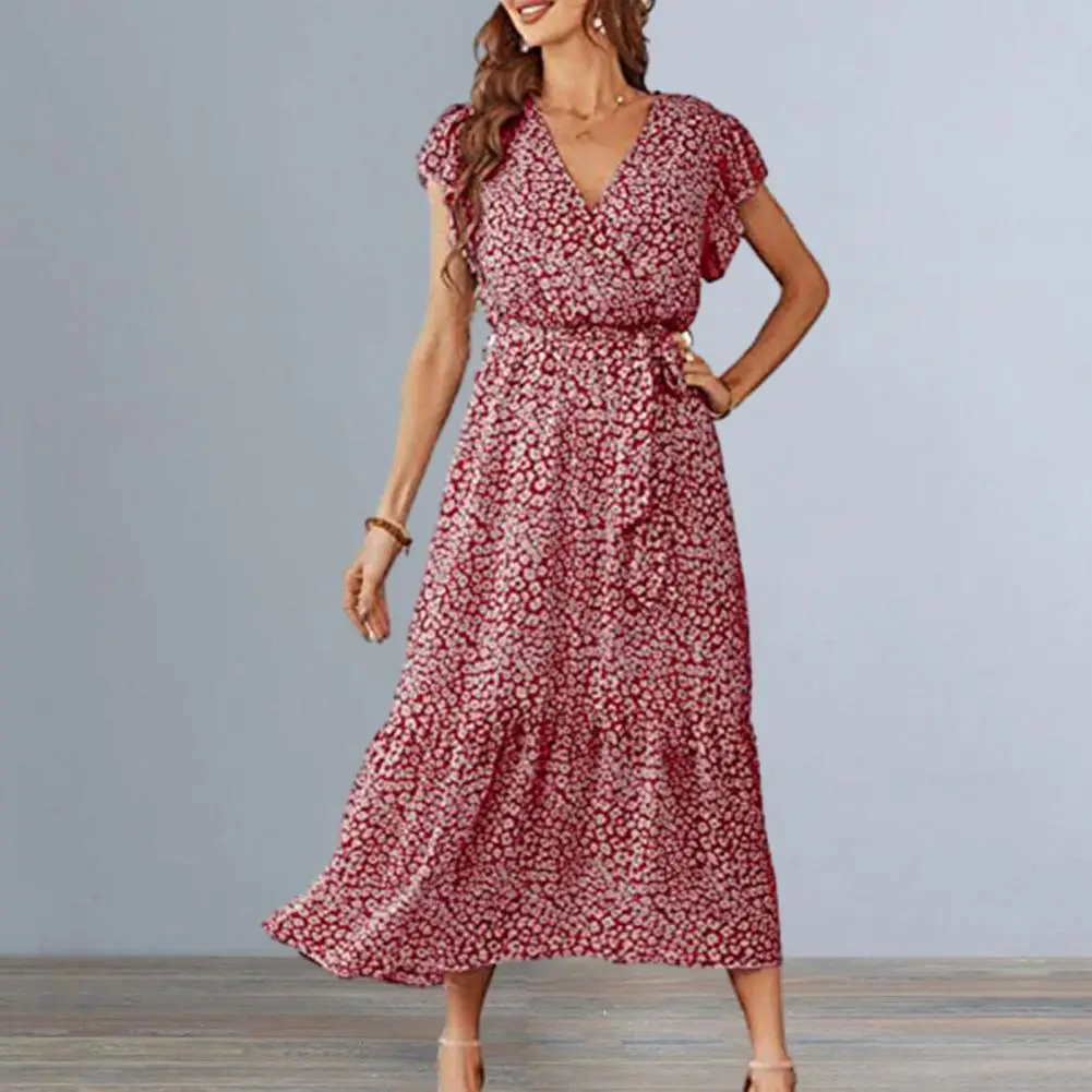 

Women V-neck Petal Short Sleeve Midi Dress Summer Waist Lace-up Ruffle Hem Floral Print Bohemia Dress Streetwear