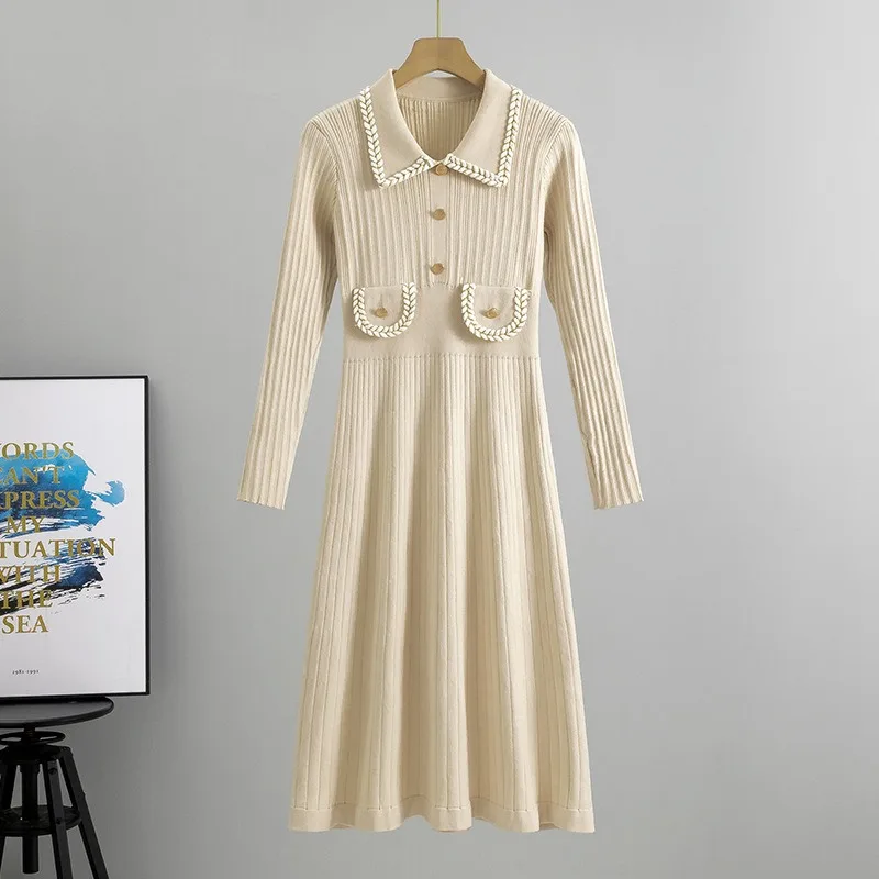 Fashion Elegant Retro Lapel Knitted Midi Dress Women's Spring Autumn Elegant Knit Slim Long Dress Office Lady Temperament Dress
Fashion Elegant Retro Lapel Knitted Midi Dress Women's Spring Autumn Elegant Knit Slim Long Dress Office Lady Temperament Dress