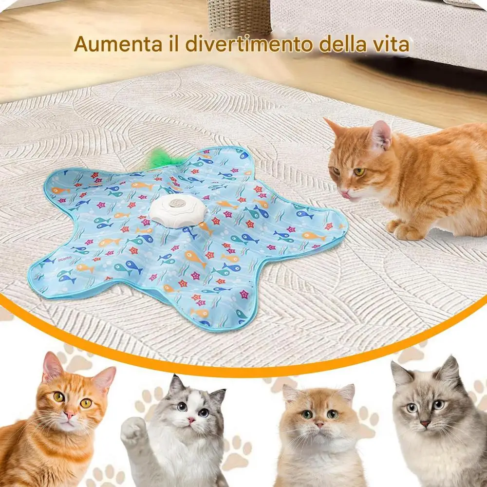 Indoor Cat Toy | Star-Shaped Automatic Cat Toys High-resolution product isolated on a white background showing a ginger cat looking at the blue starfish toy with the green feather teaser extended.