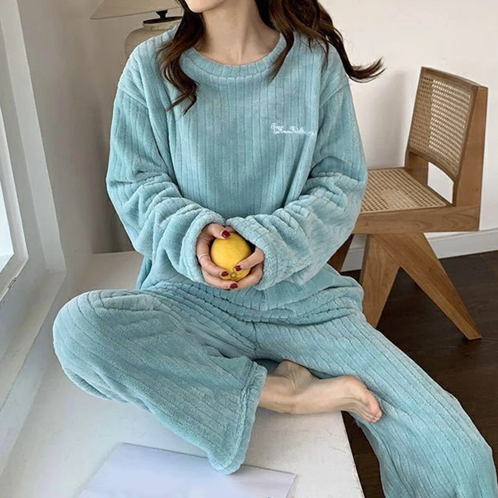 

Осенне-зимняя однотонная теплая Пижама для женщин пушистые пижамные комплекты уютный флисовый утепленный бархатный пуловер Большие размеры брюки наборы Домашняя одежда