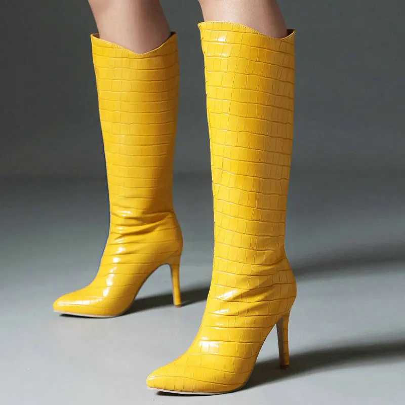 Crocodile PU Skin Leather Yellow Blue Pointed Toe Knee-high Stiletto Boots For Women Spike High Heels Winter Shoes Big Size 48 
Crocodile PU Skin Leather Yellow Blue Pointed Toe Knee-high Stiletto Boots For Women Spike High Heels Winter Shoes Big Size 48
