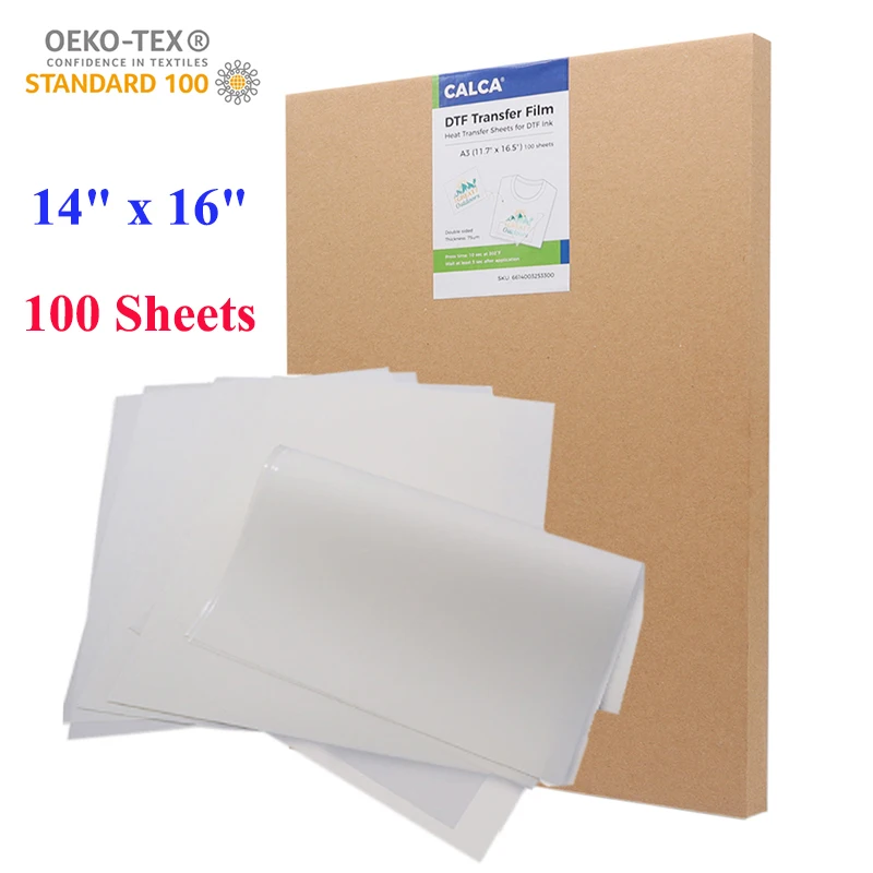 

CALCA 100 Sheets/pack 14" x 16" DTF Transfer Film Double Sided Hybrid Cold Hot Peel for All Material Direct to Film Printing