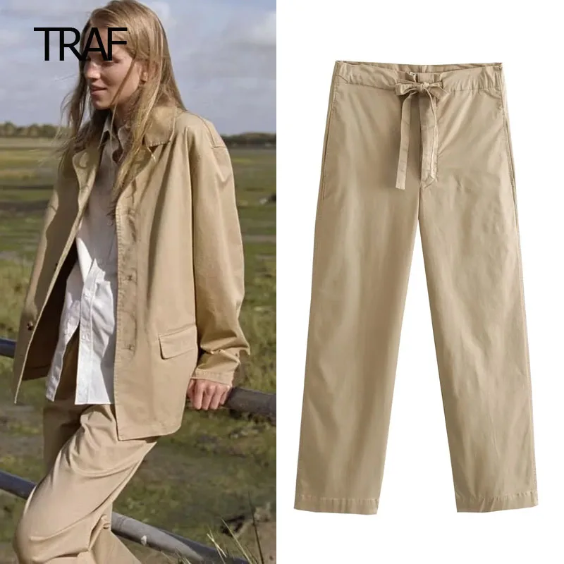 

TRAF Twill Pajama Pant Women's Pants Autumn 2023 Faded Bow Mid Waist Baggy Fluid Wide Leg Pants Elegant Fashion Woman Suit Pants