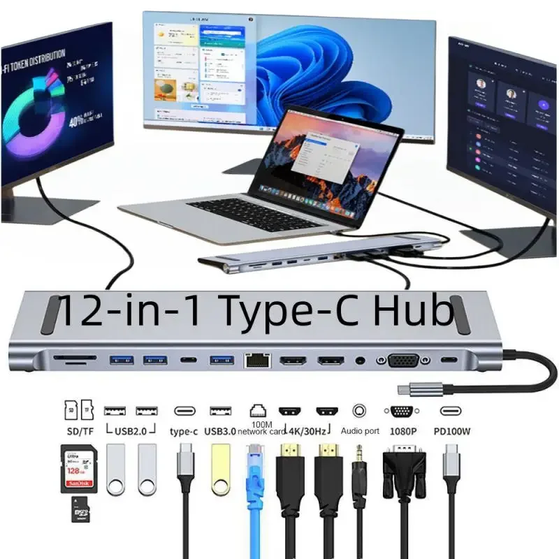 Адаптер-концентратор 12 в 1 с разъемом типа C, USB 3,0, 4K, RJ45, VGA, USB 3,0 
Адаптер-концентратор 12 в 1 с разъемом типа C, USB 3,0, 4K, RJ45, VGA, USB 3,0
