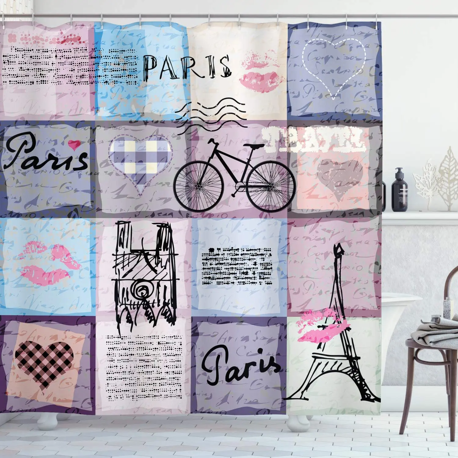 

Paris Shower Curtain, Grunge Textured Retro Collage of Paris with Famous Object Eiffel Tower Europe Theme, Cloth Fabri