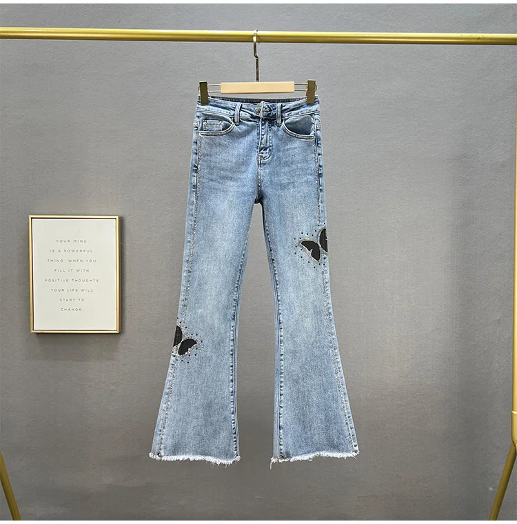 

Light Blue Denim Flare Pants 2024 New Spring Autumn Butterfly Hot Drilling Casual Long Trousers High Waist Stretch Slim Jeans
