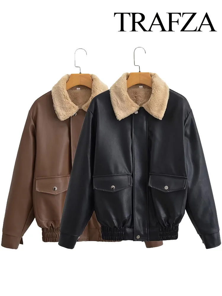 TRAFZA Female Streetwear Faux Leather Jacket Solid Turn-Down Collar Long Sleeves Pockets Zipper Winter Fashion Women Warm Jacket
TRAFZA Female Streetwear Faux Leather Jacket Solid Turn-Down Collar Long Sleeves Pockets Zipper Winter Fashion Women Warm Jacket