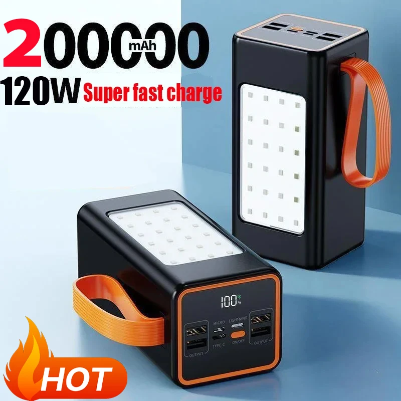 

Power Bank 200000mAh Two-Way 120W Fast Charging Powerbank Portable Charger Type-C for iPhone14 with LED Camping Light Flashlight