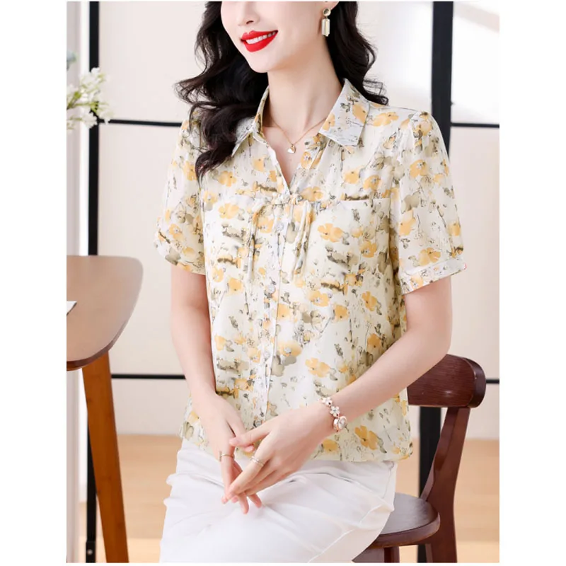 

Women's Summer New Pullovers Printed V-Neck Spliced Tie Up Fashion Versatile Loose Casual Short Sleeve Commuter Chiffon Tops