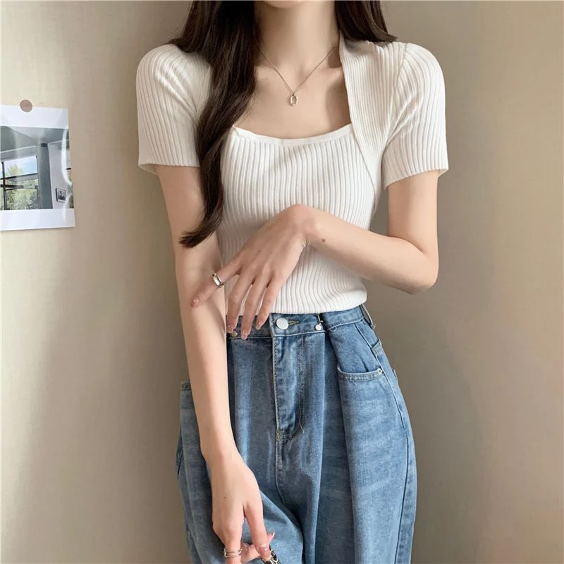 Spring Summer Square Collar Short Sleeve Women Sweater Solid Color Slim Fit Gentle Hot Girls Fake Two Piece Knitted Top Clothing
Spring Summer Square Collar Short Sleeve Women Sweater Solid Color Slim Fit Gentle Hot Girls Fake Two Piece Knitted Top Clothing