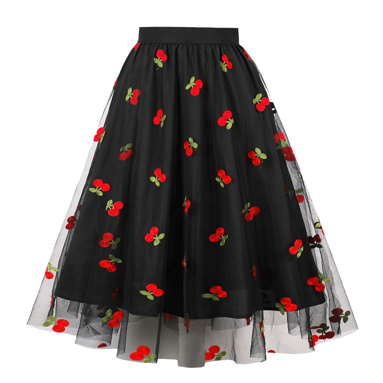 

Women's Loose Large Size Mesh Half Body Skirt Fashion Mesh Embroidery Cherry Swing A Line Skirt High Waist Mesh Mid Length Skirt