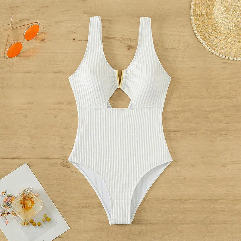 

2023 New Trend One Piece Swimsuit Women Sexy Solid White Bathing Suit V-neck Push Up Texture Swimwear Tankini Monokini Beachwear