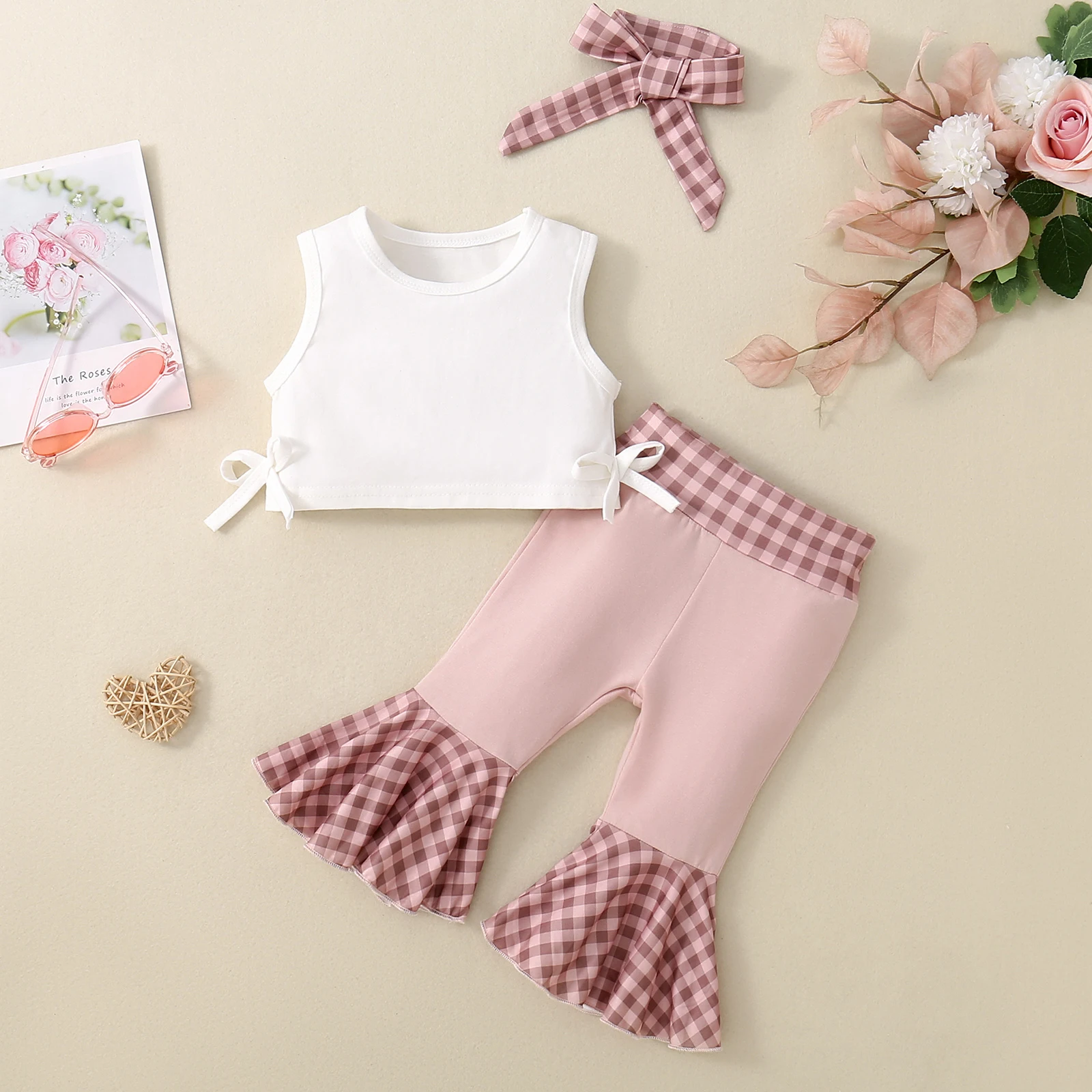 

Children Baby Girl Clothes Suit Casual Sleeveless Bow Camis with Plaid Flare Pants Toddler Summer 3PCS Vest Clothing Suit