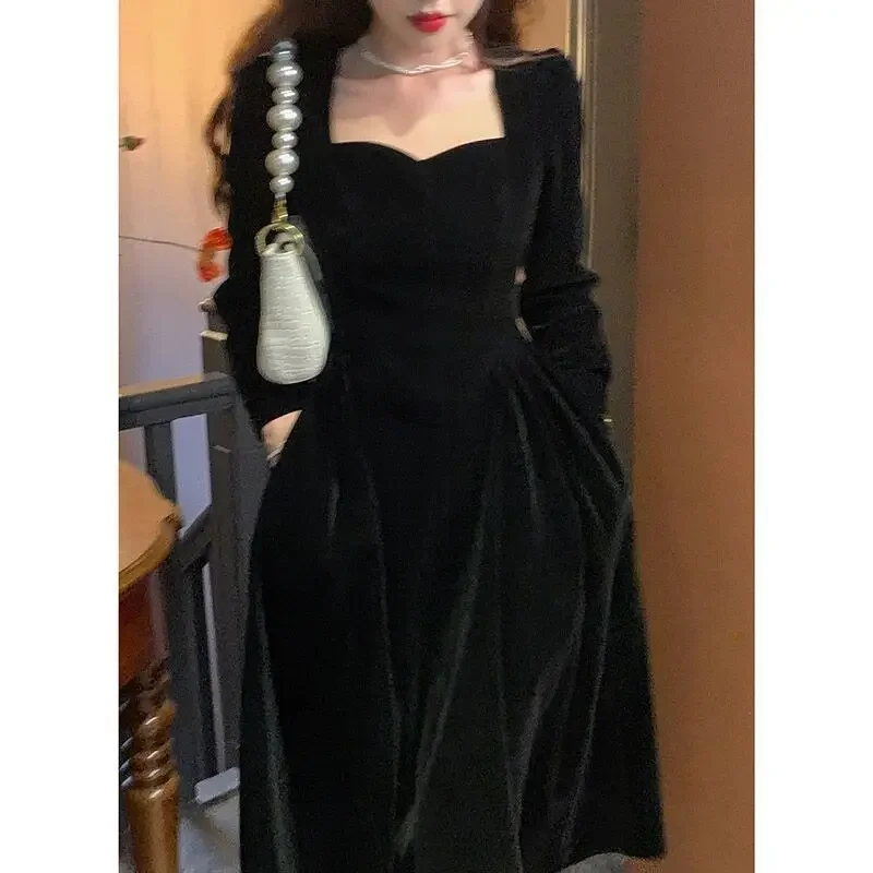 

French Black Dress Velvet Dresses Women 2023 Spring and Fall New Waisted Fairy Style Dress Female High Class Elegant Party Dress