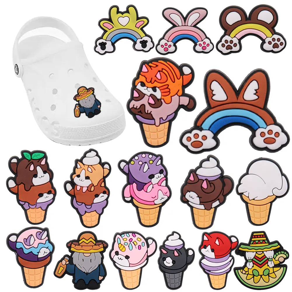 Детские туфли из ПВХ, 1-16 шт., милый кот, мороженое, кот, коготь, радуга, аксессуары «сделай сам», украшения для обуви для Croc Jibz, подарок на Рождество для детей