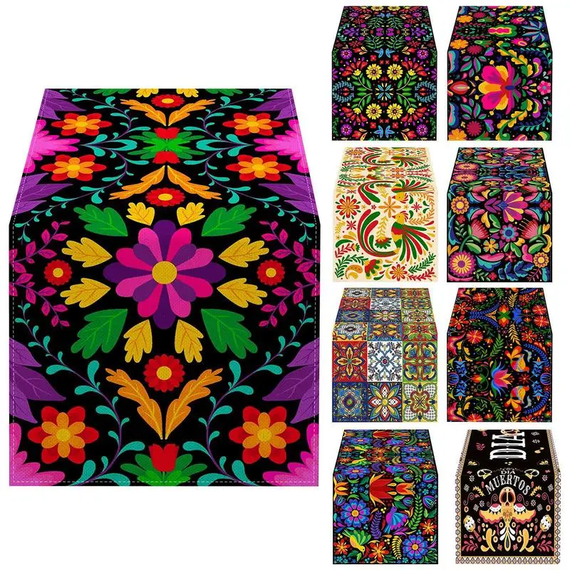 

Мексиканская настольная дорожка, мексиканские настольные покрытия, искусственная льняная настольная дорожка с цветами дурмана, цветная скатерть для алтаря