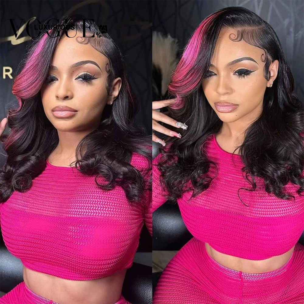 

Black Pink Highlight Colored Brazilian Virgin Human Hair Wigs for Women 13x4 HD Lace Frontal Closure Glueless Wig Preplucked