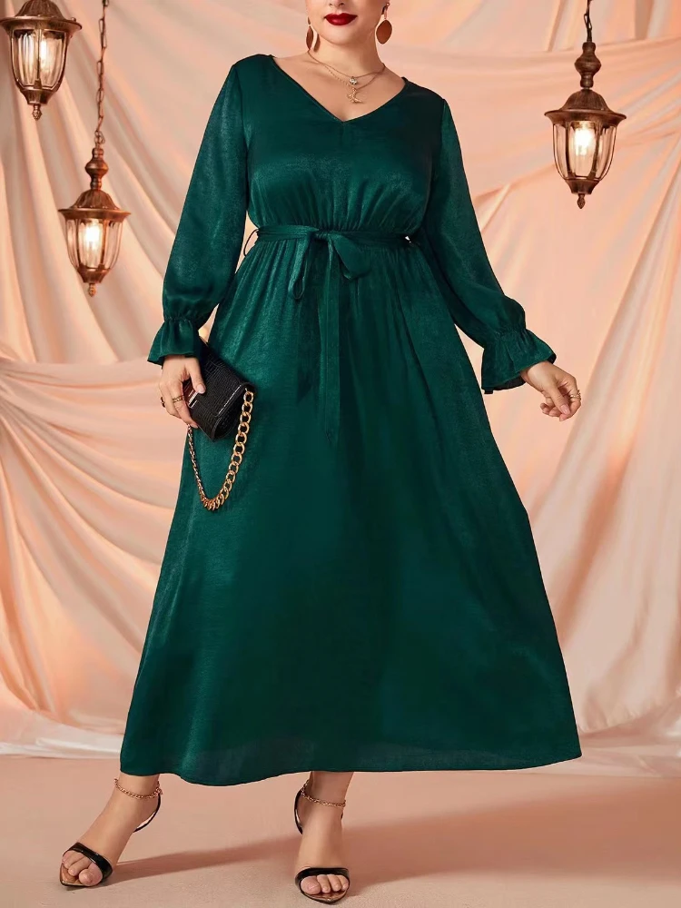 

Green Elegant A Line Dresses for Women V Neck Long Sleeve Lace Up Empire Fashion Graceful Lady Loose Hem Maxi Plus Size Vestidos