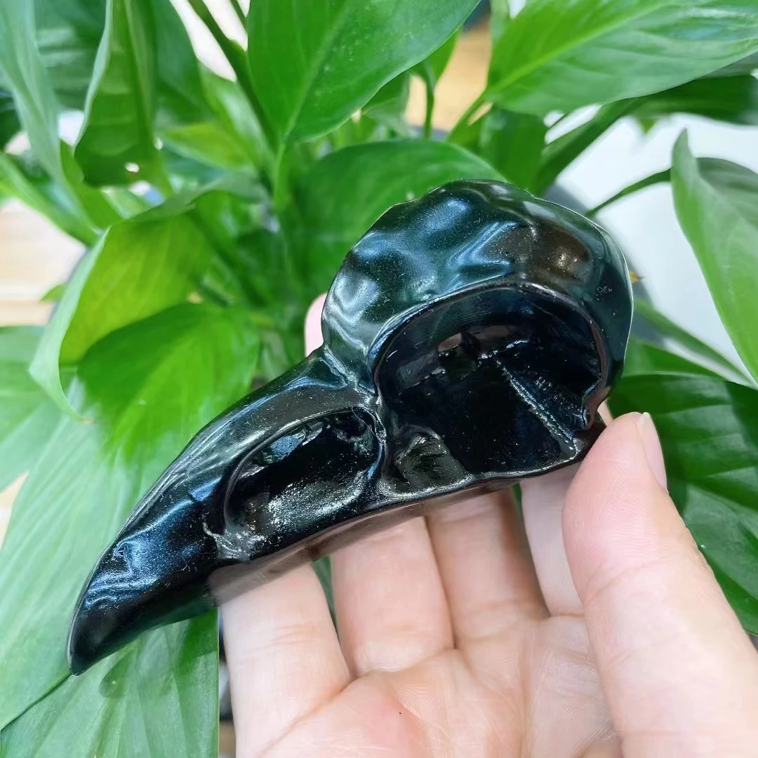 

100mm Natural Hand-carved Black Obsidian Raven Skull Mineral Crystal Bird Head Statue Animal Room Decoration 1pcs