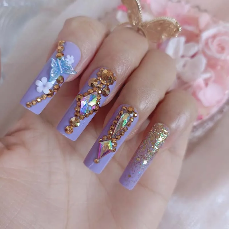 

24pcs luxury jewelry wide head Crystal full of diamonds long ballet coffin fake nails sexy purple