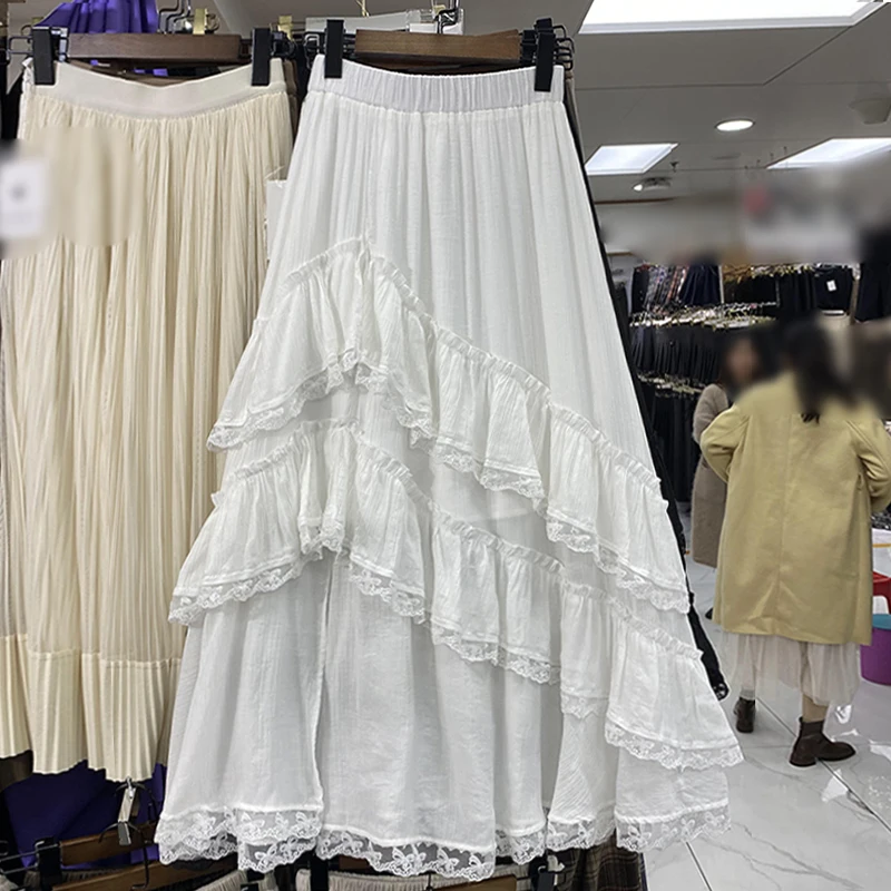 

Faldas Largas Asymmetrical Lace Patchwork Designed Side Split Streetwear Women Solid Color Spring Midi Skirt A-line Dropshipping