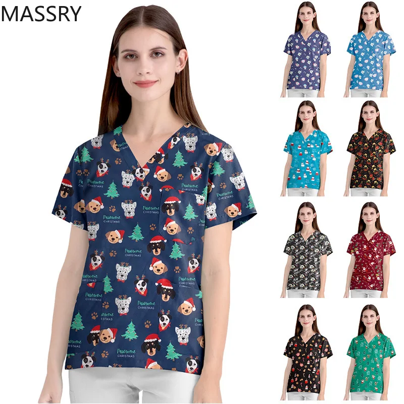 

MASSRY Nurse Uniform Women Men Print Scrubs Top Short Sleeve Shirt Medical Nursing Scrub Pants Beauty Pet Shop Blouse