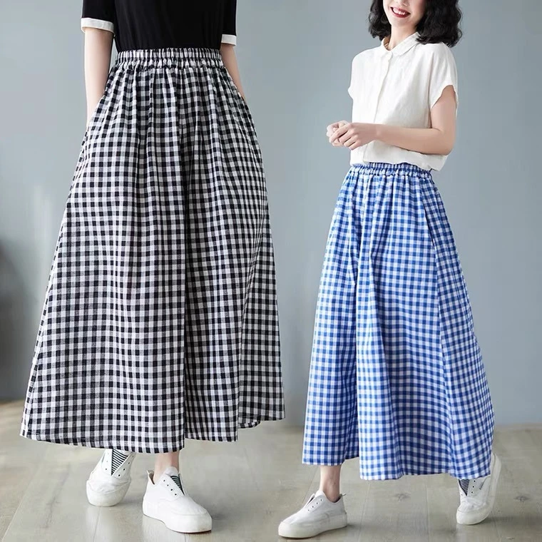 

Summer New Large Size Elastic Waist Cotton Linen Plaid Nine-point Pants Women's Loose and Thin Wide-leg Pants Casual Culottes