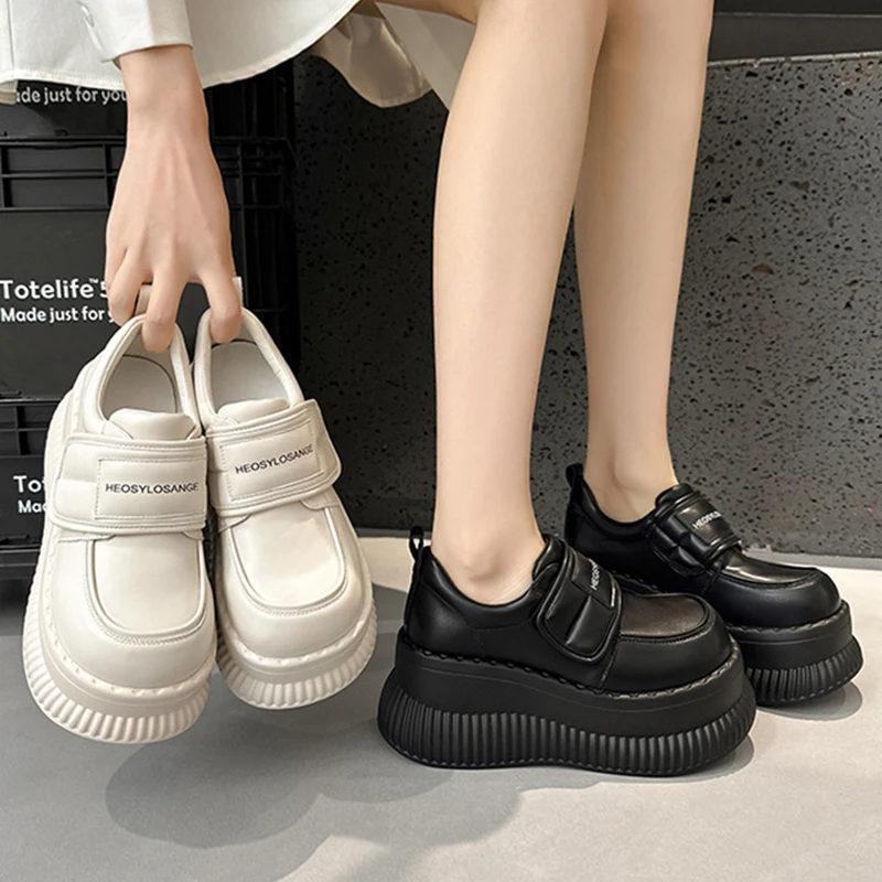 

8.5CM Thick Sole Heightening Sneakers Spring Microfiber Leather Fashion Round Toe High Platform Pumps Ladies Comfy Wedge Shoes