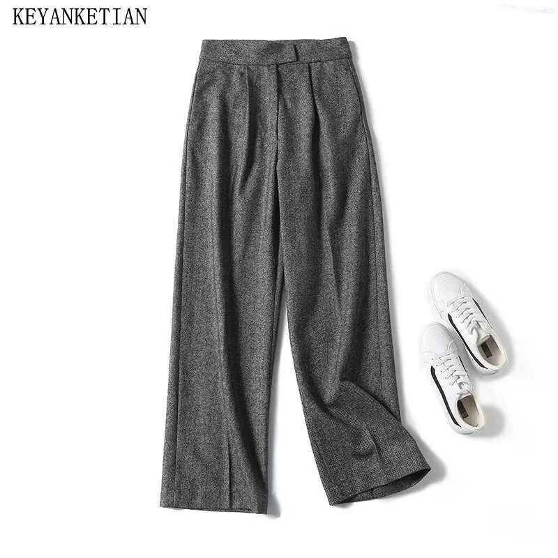 

KEYANKETIAN 2024 New Launch Ladies Straight Leg Pants Spring Simply Woolen Blend High-Waisted Wide-Leg Pants Dark Grey Trousers