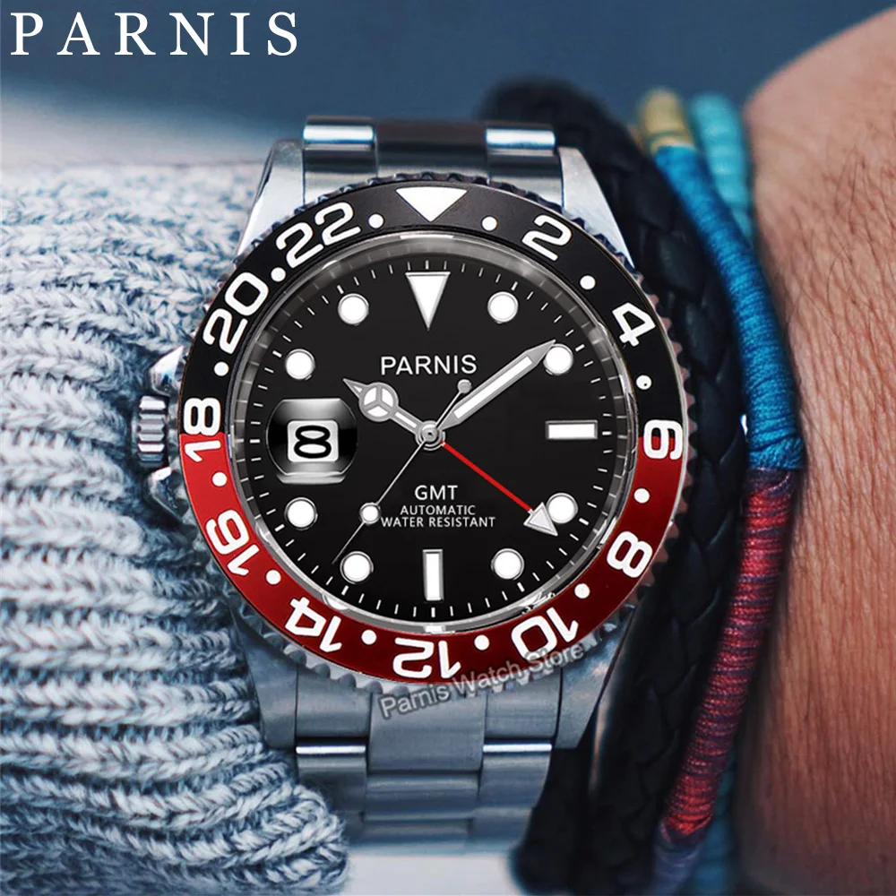 

Parnis 40mm Sapphire GMT Automatic Movement Left Crown Men Boy Watch Luminous Marker Date Black Red Bezel
