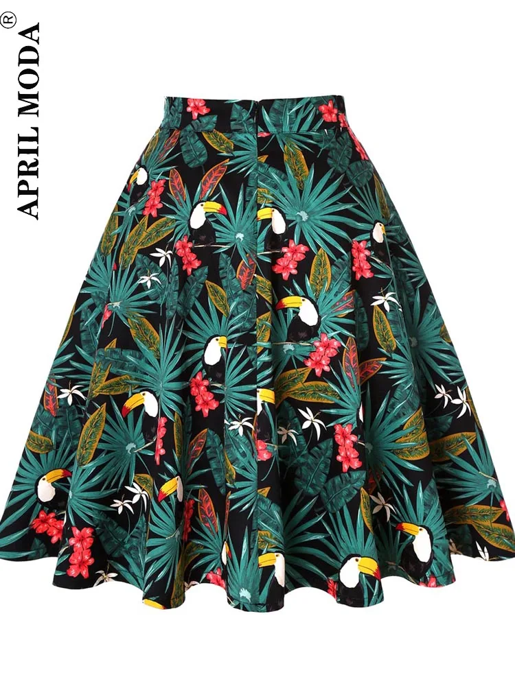 

Parrot Animal Printed High Waist Women Pleated Retro Skirt Robe De Cocktail Leaf 50s 60s Swing Casual Pinup Skirts Summer Saias