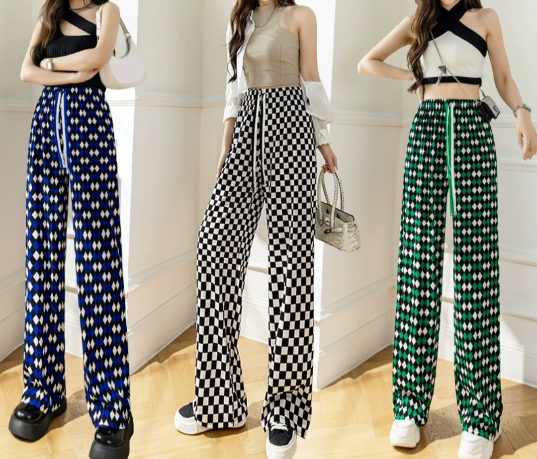 

y2k Pendant ice silk checkered wide-leg pants women 2024 new lazy drawstring loose waist mopping casual pants traf