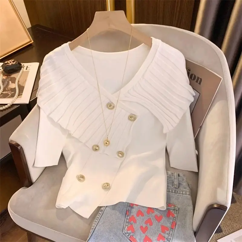 Pleating Asymmetrical Ice Shreds Short Sleeved T-shirt Women Spring Temperament Knitting Comfortable Slim Patchwork Button Tops
Pleating Asymmetrical Ice Shreds Short Sleeved T-shirt Women Spring Temperament Knitting Comfortable Slim Patchwork Button Tops