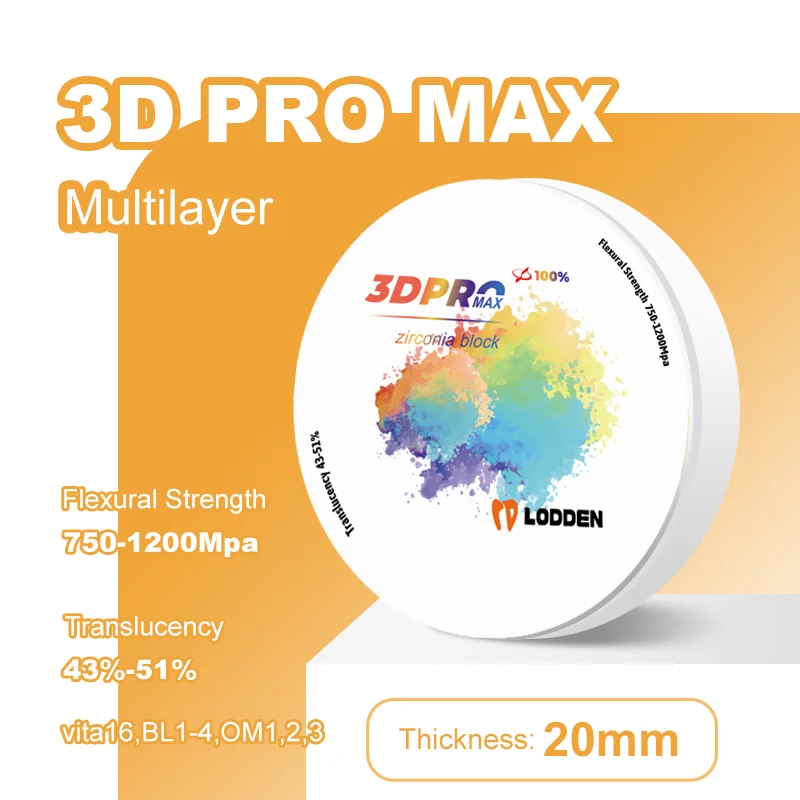 Lodden Zirconia Block Dental Lab Material 3D Pro MAX Zirconia disc 98*20mm for Dental CAD CAM Crown Bridge VITA16& BL1-4
Lodden Zirconia Block Dental Lab Material 3D Pro MAX Zirconia disc 98*20mm for Dental CAD CAM Crown Bridge VITA16& BL1-4